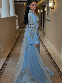 Powder Blue Moroccan Kaftan – Gold & Floral Hand Embroidered Caftan – Luxury Custom Wedding  Henna Dress