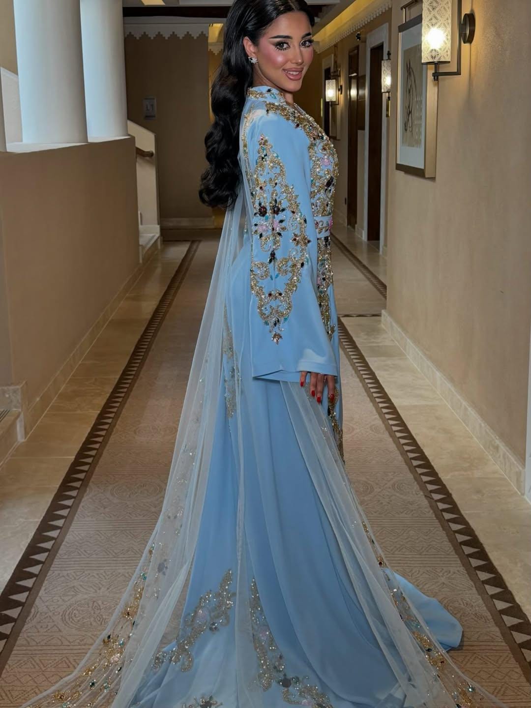 Powder Blue Moroccan Kaftan – Gold & Floral Hand Embroidered Caftan – Luxury Custom Wedding  Henna Dress