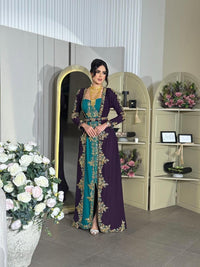 Luxury Moroccan Kaftan Dress | Green Purple Embroidered Arabic Gown (Custom Made)