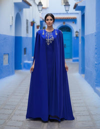 Royal Blue Crepe Maxi Dress, Cape Sleeve, Hand-Embroidered Neckline, Custom Bridal Gown