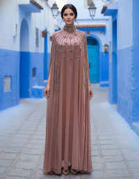Zahyra Nude Pink Modest Maxi Dress, High Neck Cape Dress, Elegant Evening Gown, Luxury Crepe Dress, Formal Modest Wear
