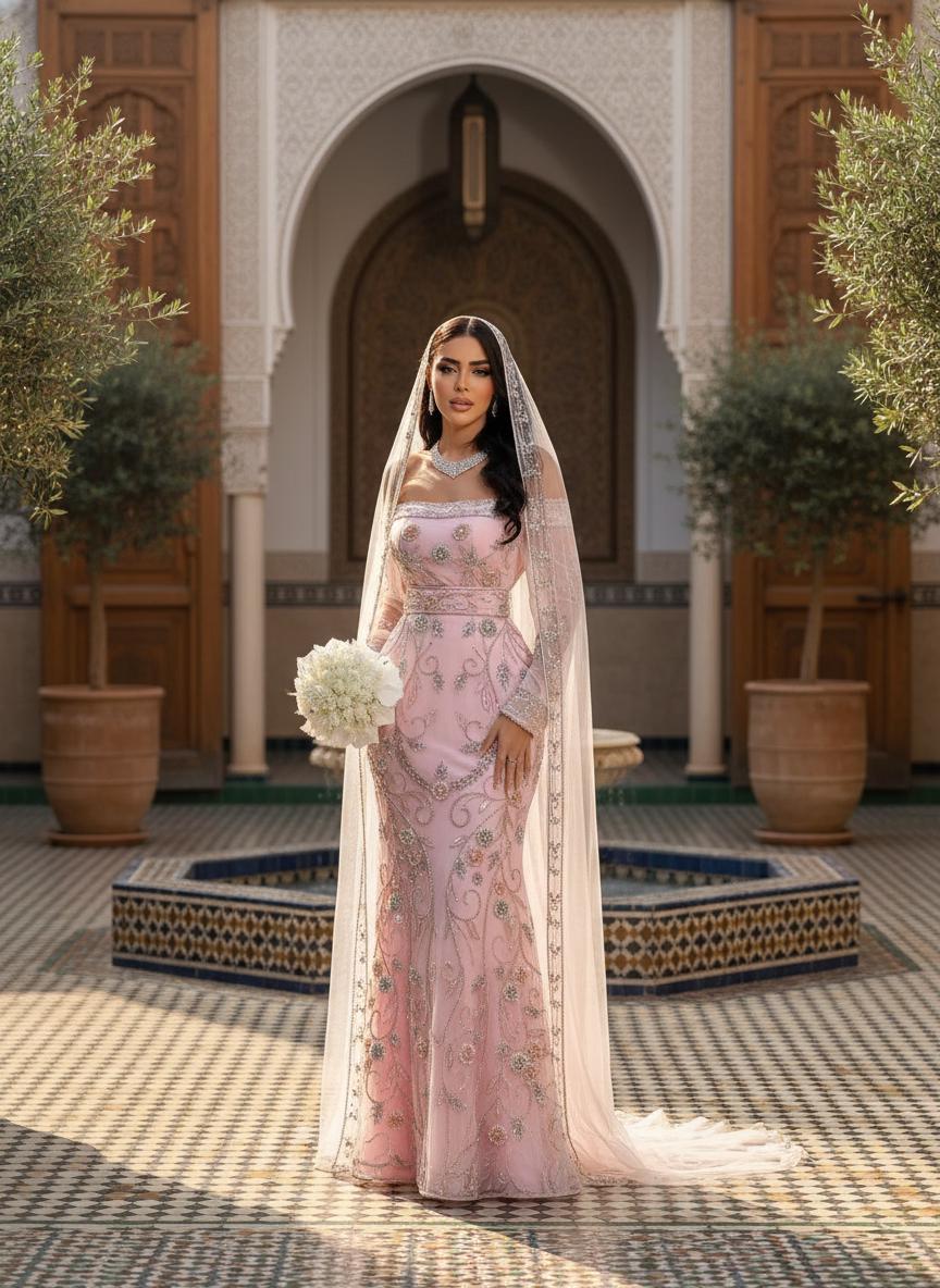 Blush Pink Embroidered Moroccan Bridal Kaftan, Luxury Wedding Dress with Veil