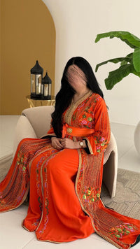 Orange Moroccan Kaftan Dress | Hand Embroidered Crepe Gown, Custom Made Bridal Wear