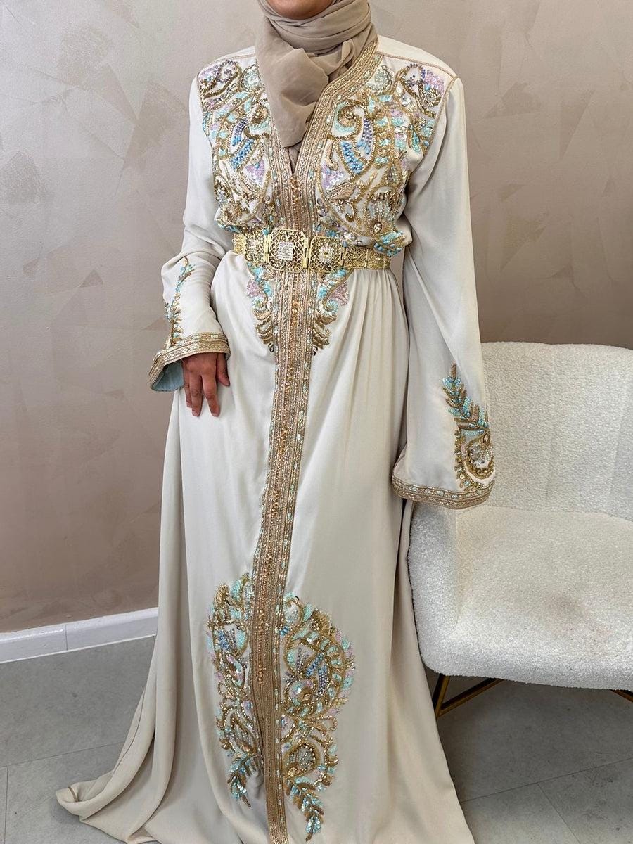 Mint Green Embroidered Moroccan Kaftan Dress | Luxury Crepe Dubai Style Caftan