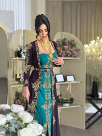 Luxury Moroccan Kaftan Dress | Green Purple Embroidered Arabic Gown (Custom Made)