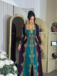 Luxury Moroccan Kaftan Dress | Green Purple Embroidered Arabic Gown (Custom Made)