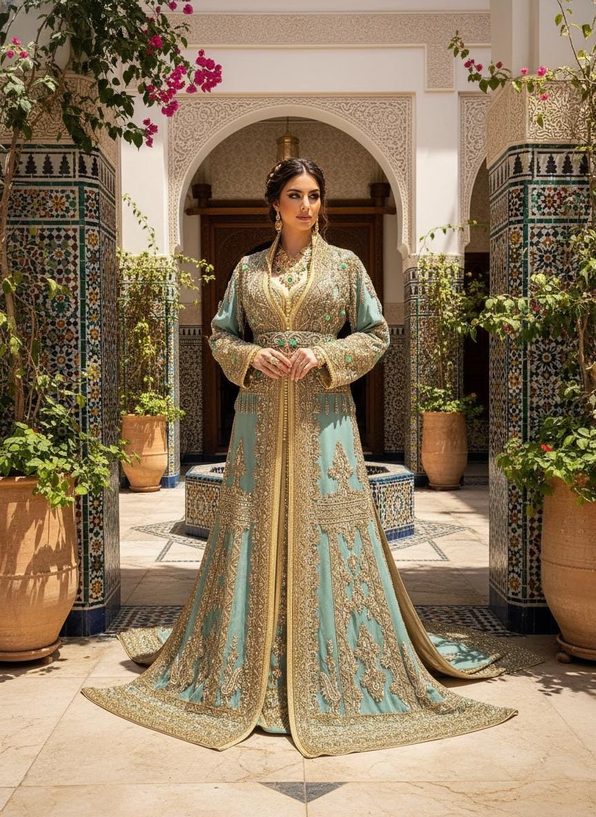 Pastel Blue Moroccan Bridal Kaftan Takchita, Luxury Crepe Hand-Embroidered Wedding Dress