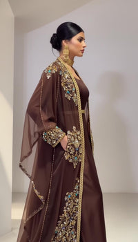 Luxury Moroccan Kaftan Dress | Brown Gold Embroidered Evening Gown, Bridal Caftan