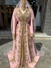Dull Pink Moroccan Bridal Kaftan Takchita, Hand Embroidered Crepe Wedding Dress (Custom Made)