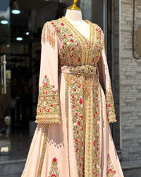 Dull Pink Moroccan Bridal Kaftan Takchita, Hand Embroidered Crepe Wedding Dress