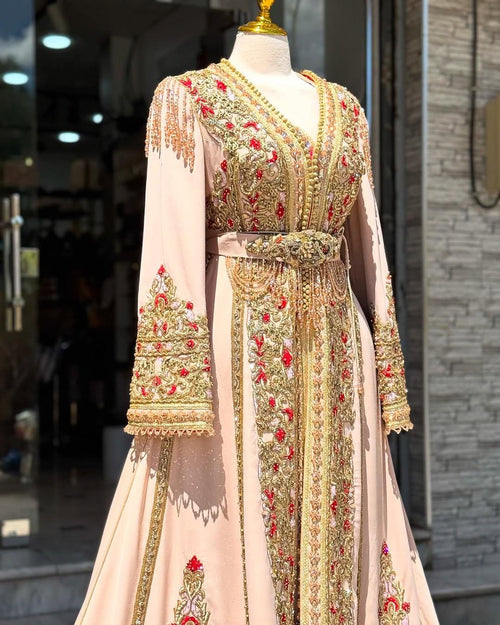Dull Pink Moroccan Bridal Kaftan Takchita, Hand Embroidered Crepe Wedding Dress