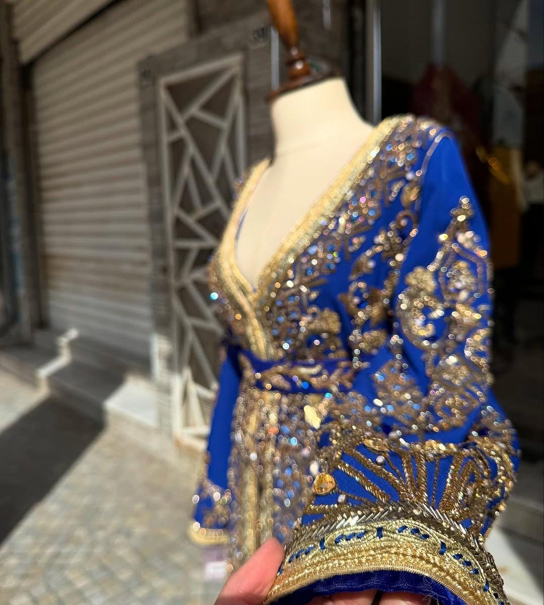 Blue Moroccan Bridal Kaftan Takchita, Luxury Crepe Hand-Embroidered Wedding Outfit
