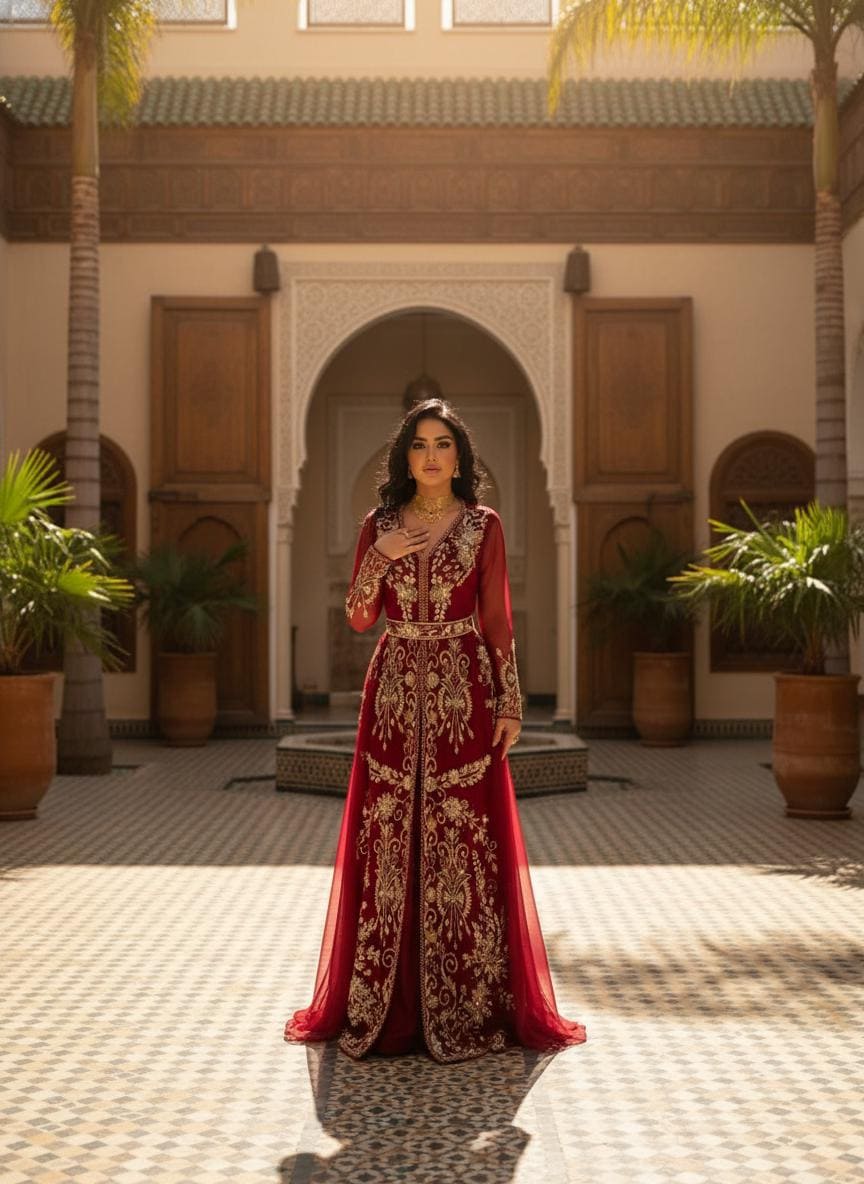 Red Moroccan Bridal Kaftan, Luxury Gold Embroidered Wedding Dress, Handcrafted Takchita
