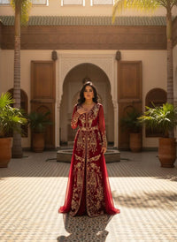 Red Moroccan Bridal Kaftan, Luxury Gold Embroidered Wedding Dress, Handcrafted Takchita