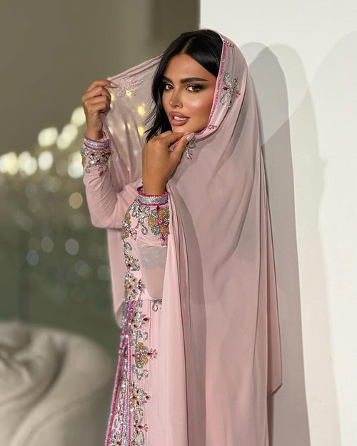 Blush Pink Moroccan Kaftan – Hand Embroidered Georgette Bridal Dress