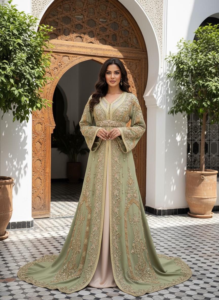 Linden Green Moroccan Bridal Kaftan, Hand-Embroidered Crepe Takchita Wedding Dress
