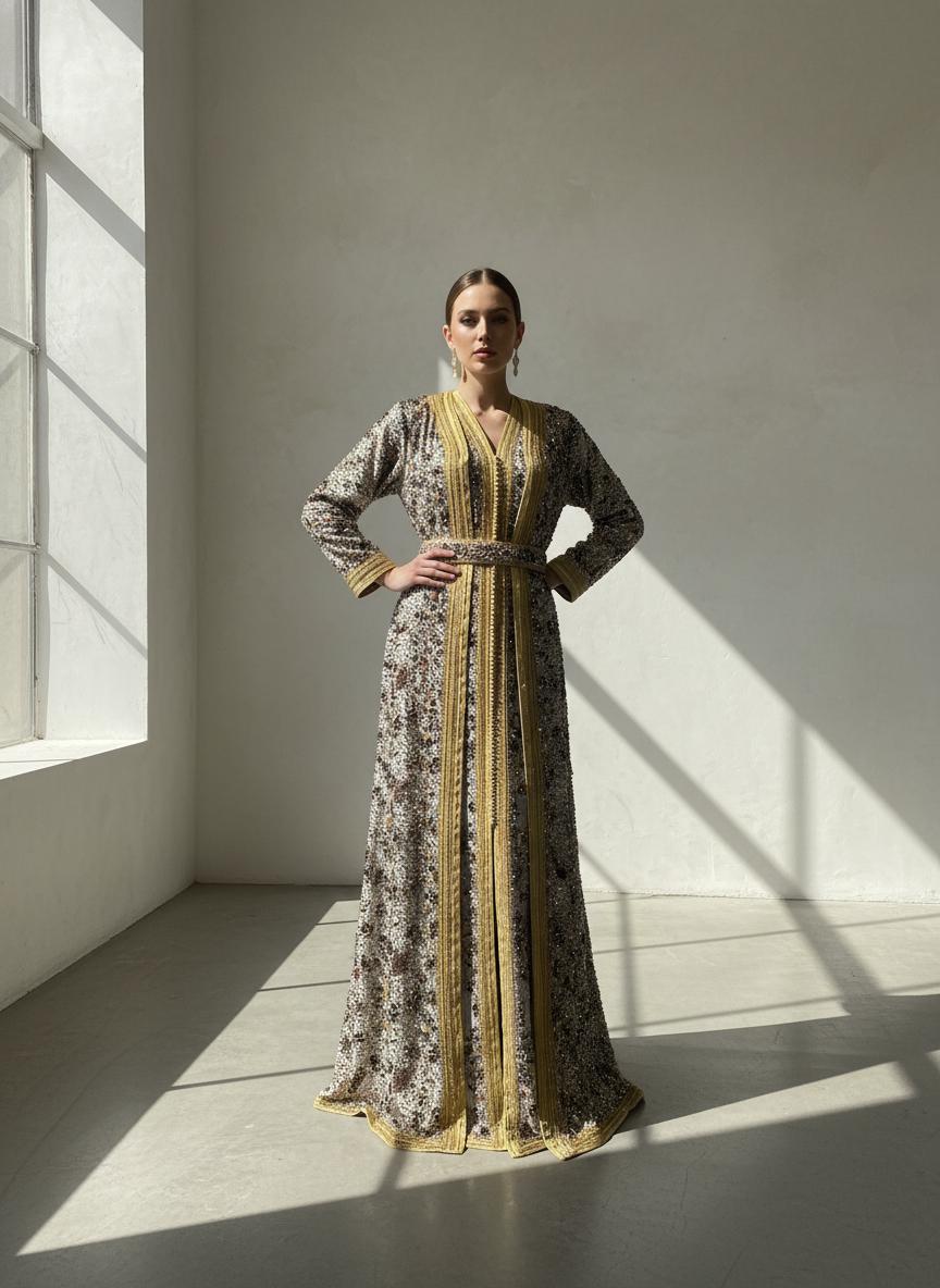 Luxury Hand-Embroidered Moroccan Bridal Kaftan Takchita | Custom Made Caftan Gown