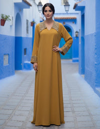 Mustard Crepe Maxi Dress | Abaya Style, Embroidered Collar & Cuffs