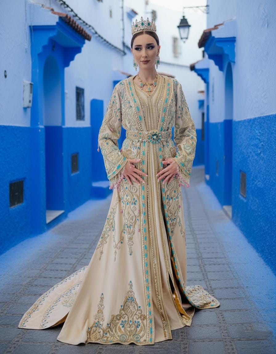 Ivory Moroccan Bridal Kaftan, Gold Embroidery, Custom Made Elegant Bride Gown