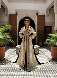 Luxury Moroccan Jacquard Kaftan | Gold Embroidered Bridal Takchita Dress