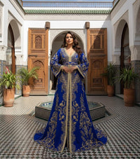 Blue Moroccan Bridal Kaftan Takchita, Luxury Crepe Hand-Embroidered Wedding Outfit
