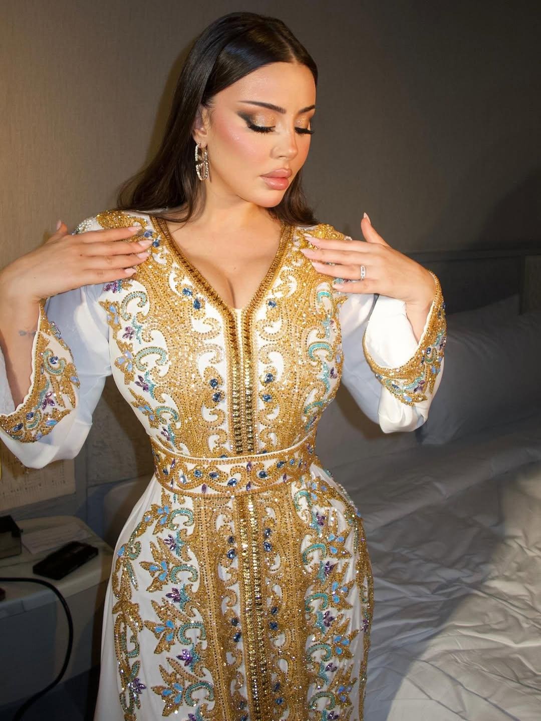Luxury White Moroccan Kaftan – Gold Hand Embroidered Bridal Caftan – Custom Wedding & Henna Dress