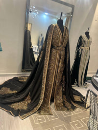 Black Luxury Crepe Kaftan Takchita, Hand Embroidered Bridal Wedding Outfit
