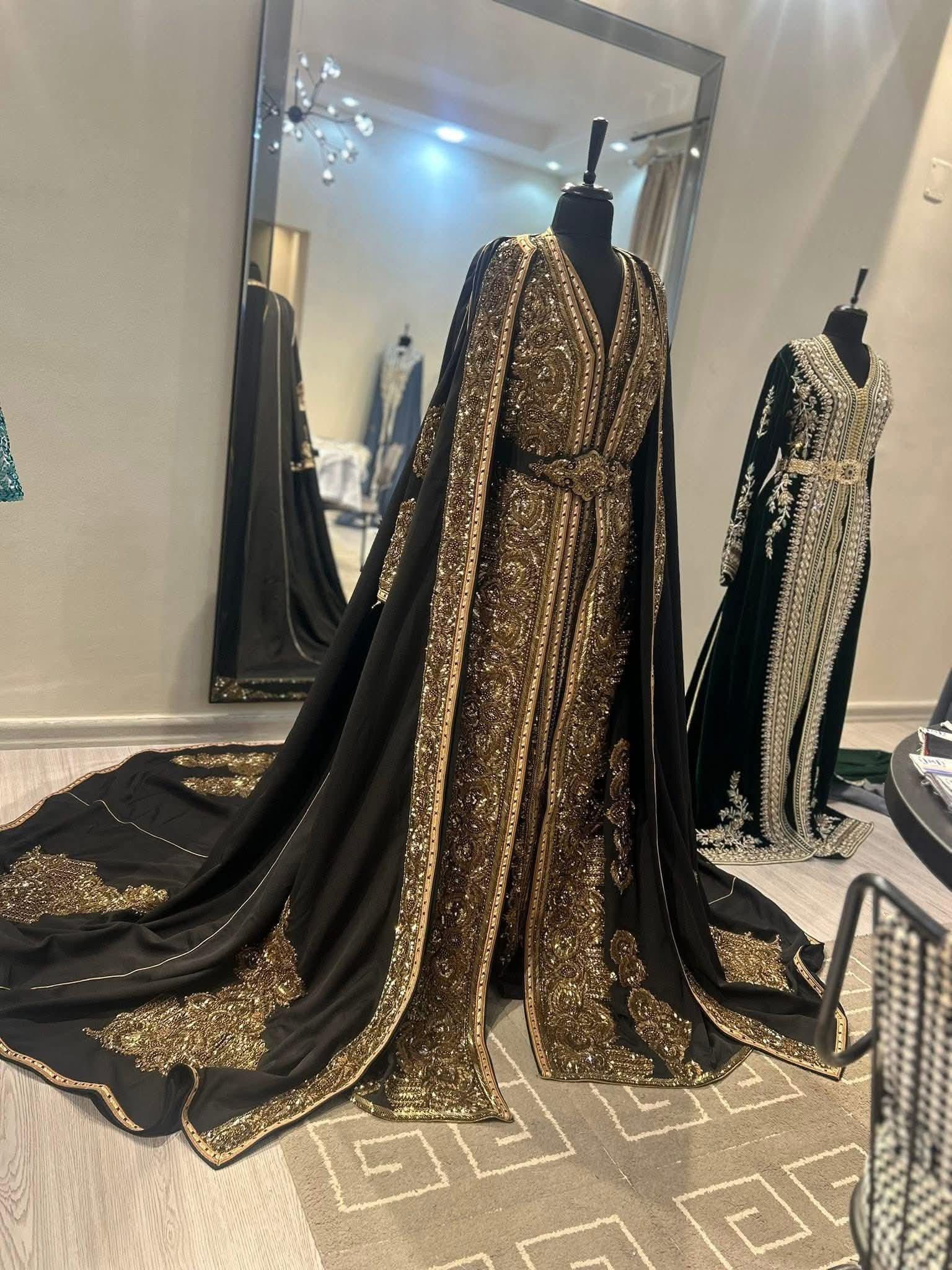Black Luxury Crepe Kaftan Takchita, Hand Embroidered Bridal Wedding Outfit