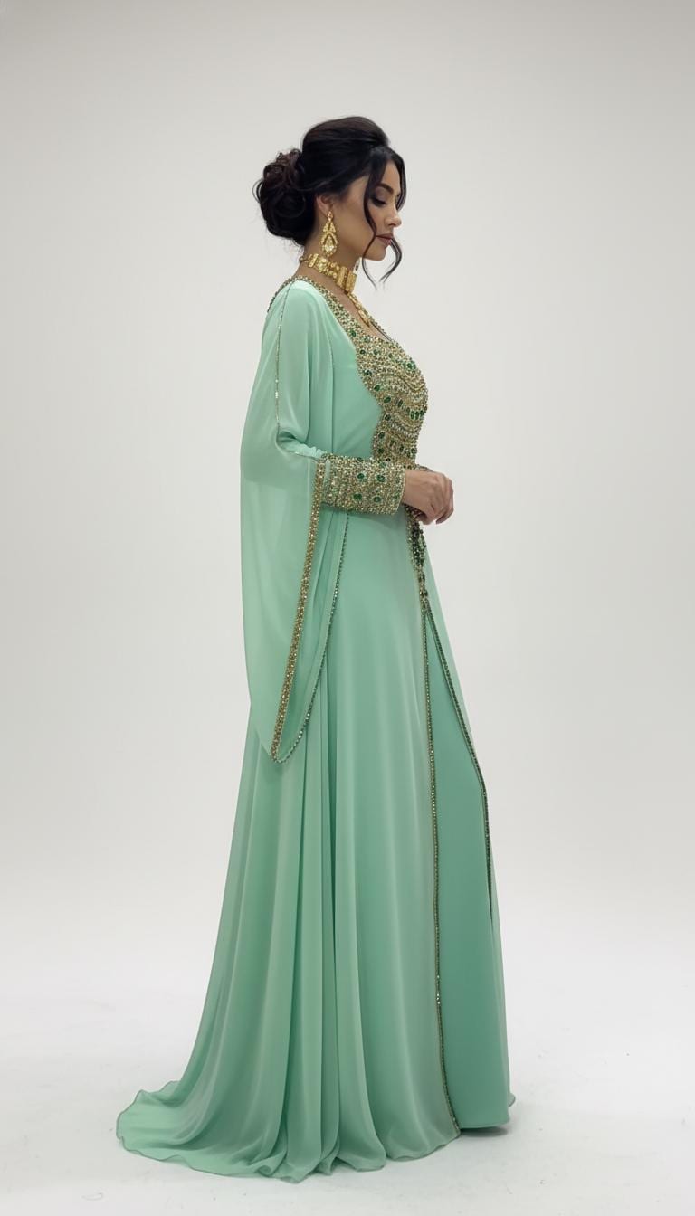 Mint Green Moroccan Kaftan Dress | Luxury Hand Embellished Georgette Evening Gown
